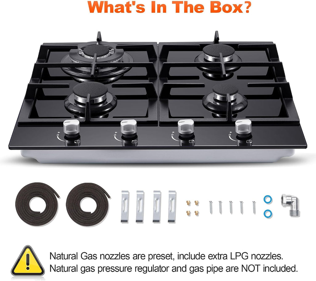 Gas Stove Top 24 Inch, Amzgachfktch Built-in Gas Cooktop 4 Burner, Black Tempered Glass Stove with NG/LPG Conversion Kit, Kitchen Propane Cooktop with Thermocouple Protection