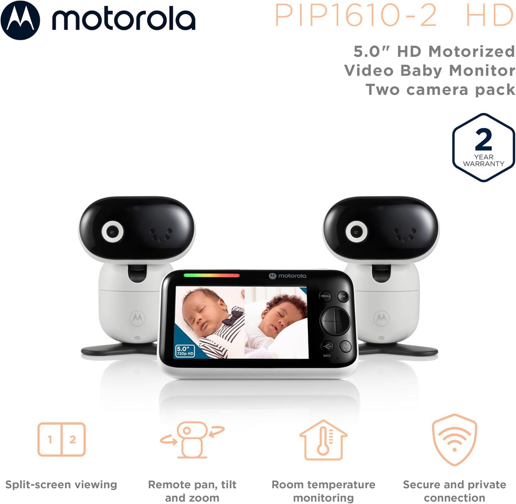 Motorola Nursery Video Baby Monitor with 2 Cameras, 5' Screen HD PIP1610, No WiFi, Wall Mount, Long Range, 2-Way Audio, Temperature Sensor, Motorized, Lullabies, PIP1610-2