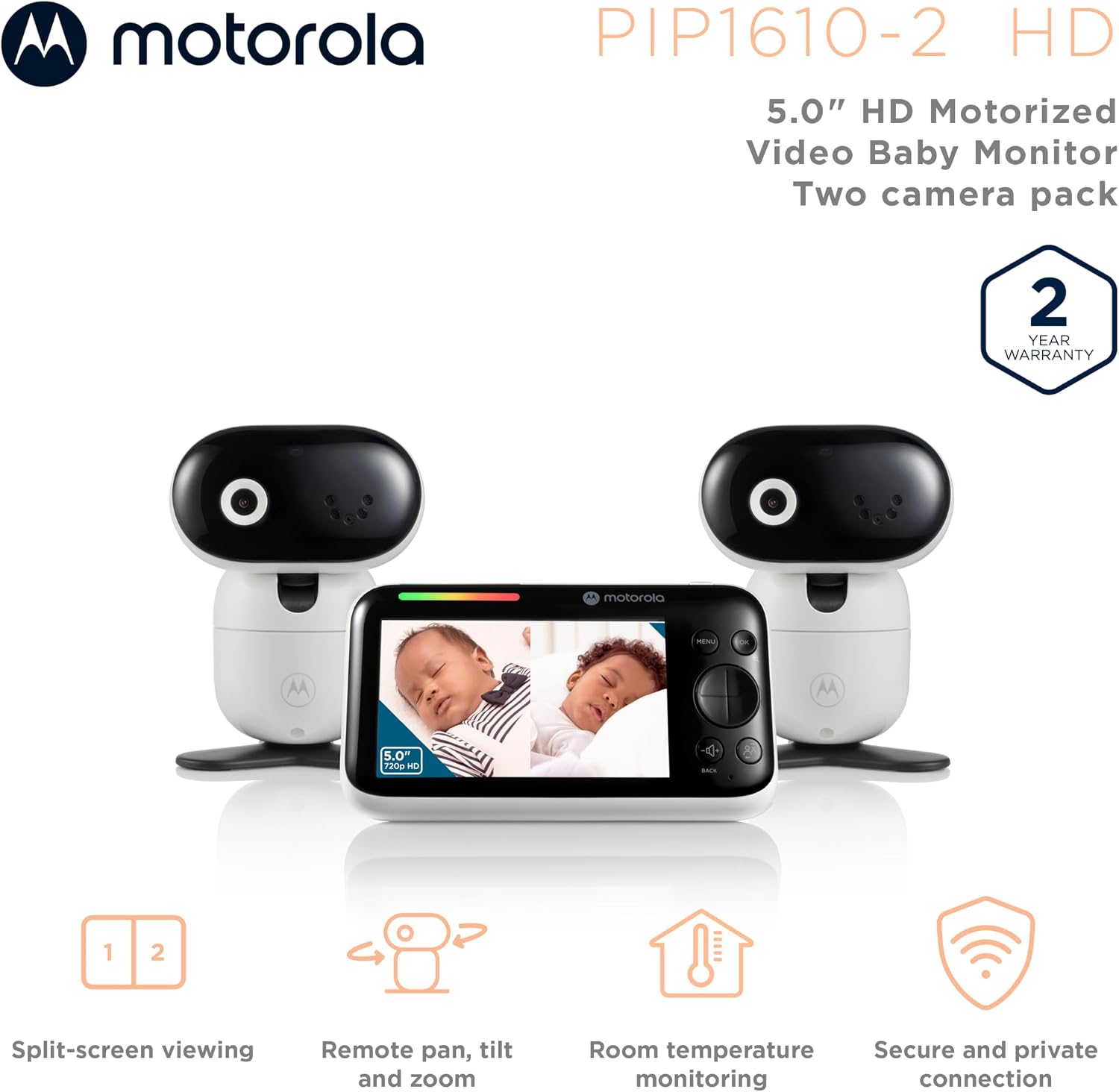 Motorola Nursery Video Baby Monitor with 2 Cameras, 5' Screen HD PIP1610, No WiFi, Wall Mount, Long Range, 2-Way Audio, Temperature Sensor, Motorized, Lullabies, PIP1610-2