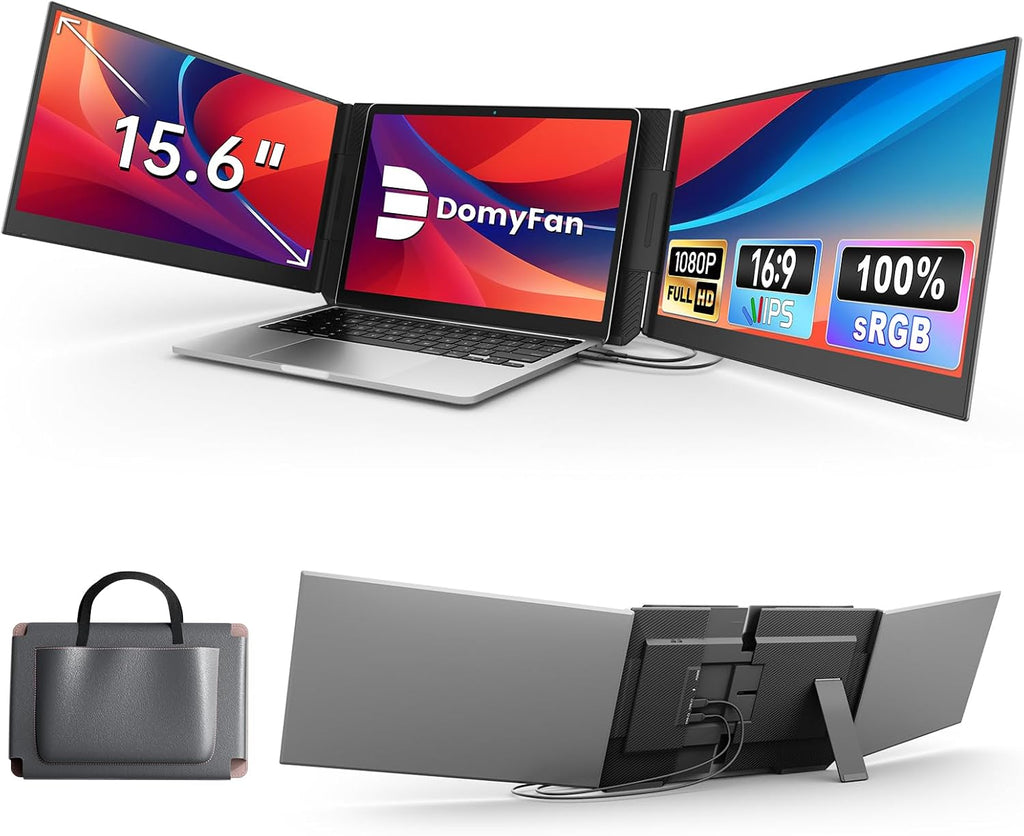 domyfan 15.6' Laptop Screen Extender, Triple Portable Monitor with Ultra-Thin FHD 1080P IPS Display for 13-17' Laptop, Plug & Play via HDMI/USB-A/Type-C, Compatible with Mac/Windows/Android