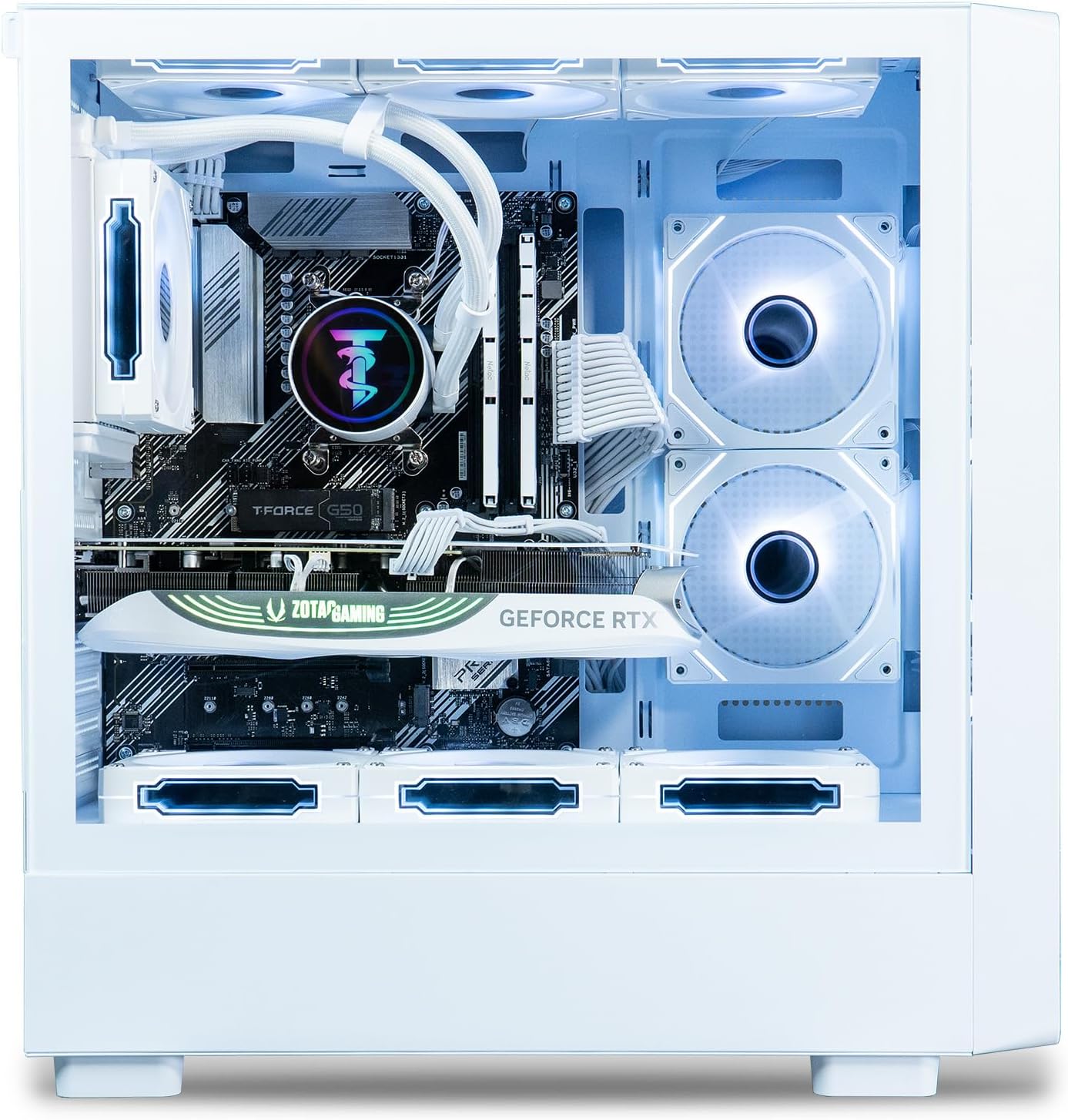 ViprTech Overlord 2.0 Liquid-Cooled PC - AMD Ryzen 7 5700X (4.6Ghz Turbo), AMD RX 9060 XT 16GB, 32GB DDR4 RAM, 1TB SSD, White Wood Case, RGB Keyboard Mouse, VR-Ready, WiFi BT, Win 11, Computer Tower