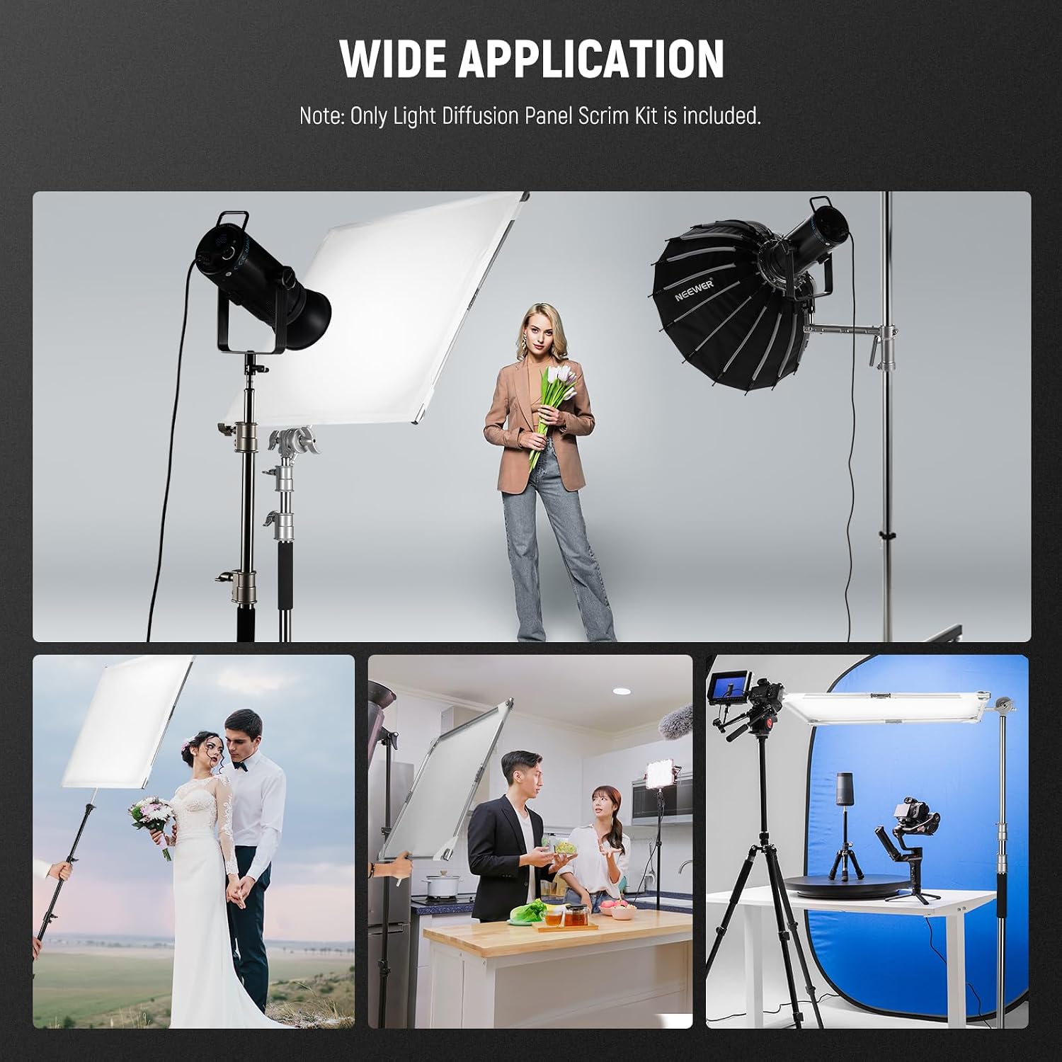 NEEWER Light Diffusion Panel Scrim Kit with Silver/White Reflector Film 30'x30' Foldable Frame with 5/8' Baby Pins Handle for C Stand 3 in 1 Diffuser for Studio Portrait Product Photography, SF7575F