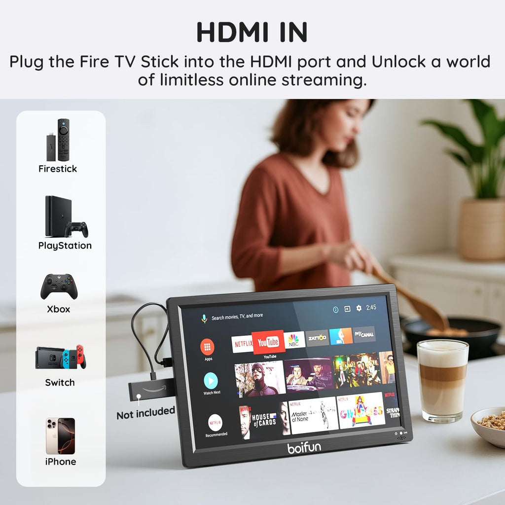Boifun 15.6' Portable TV with Antenna, DVD Player Built-in, FM Radio, 5000mAh Battery, Support HDMI Input/USB/TF/AV Out and Multiple Disc Formats, Small TV DVD Combo for Camping Patio RV Kitchen,Black