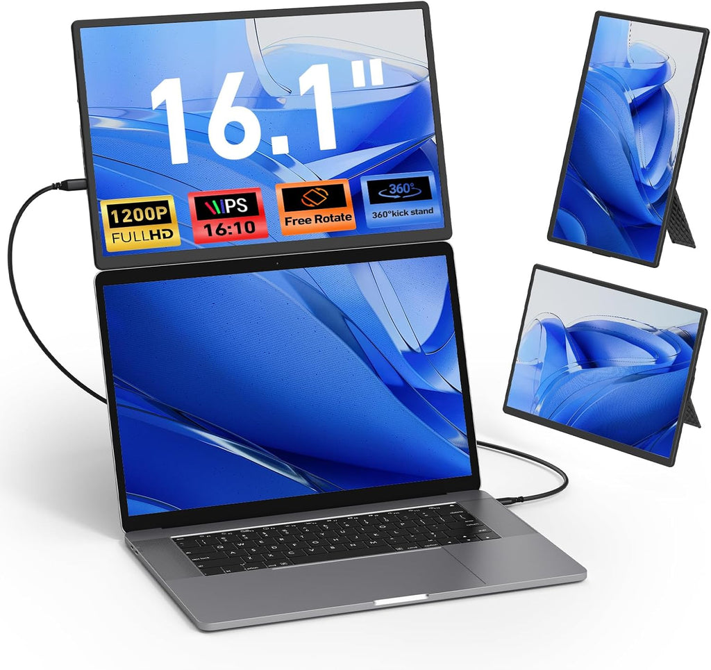 Laptop Screen Extender Monitor Portable - 16.1'' FHD 1200P Portable Screen for Laptops, 360° Rotating, Plug & Play, Detachable Stand, Height Adjustable Laptop Monitor Extender for Mac/Win/Phone/Tablet