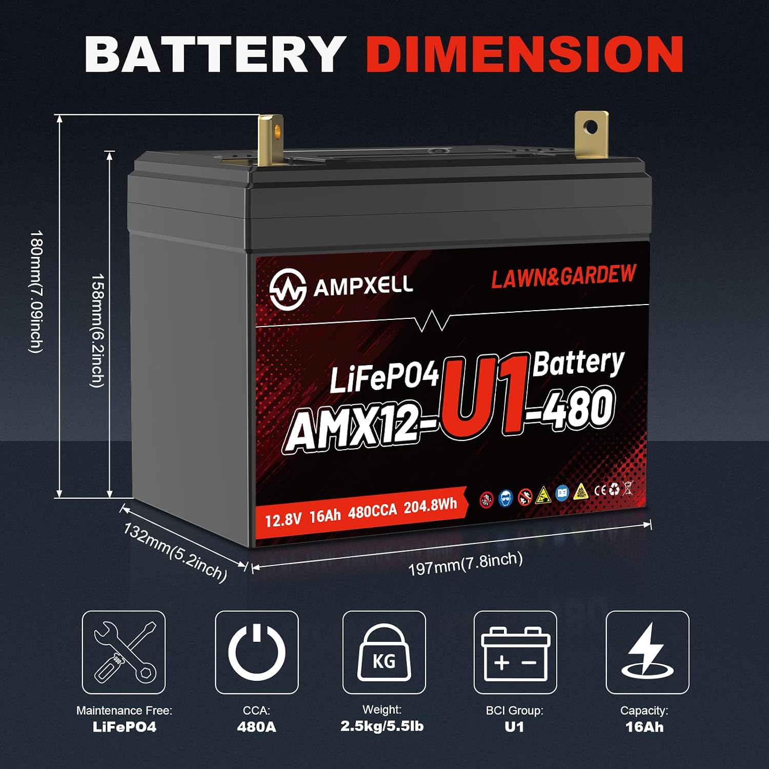 Group U1 Lithium LiFePO4 Lawn Mower Battery,Garden Tractor Battery 480CCA,Compitable for Ride on Lawn Tractor and Mower,Fits for John Deere,Cub Cadet,Craftsman,Troy-Bilt Mower, and Generator