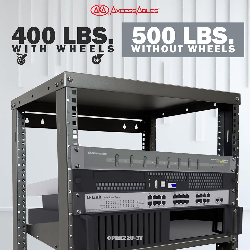 AxcessAbles 22U Open Frame Network & AV Rack with Caster Wheels, Three 2U Shelves, 10-32 & Cage Nut Compatible Rails, Cage Nuts, Screws, Cage Nut Tool & Wall Mount Kit | 19-Inch Equipment Rack