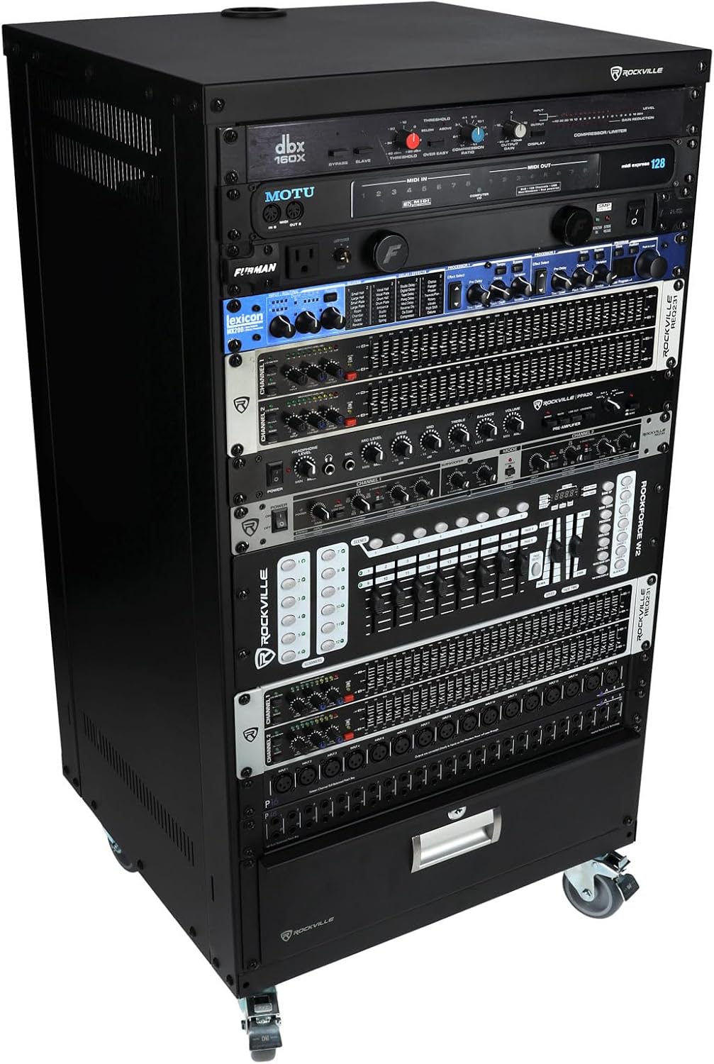 Rockville RR18U 18U Live Sound/Recording Studio Rack Case with Wheels, Reversible Rack Rails, Front & Rear Mounting, Cable Management Ports, 440lb Capacity