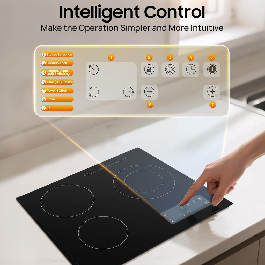 Electric Ceramic Cooktop, 3 Burners Radiant Electricing Stove Top with Plug, Child Safety Lock, Sensor Touch Control, 9 Heating Levels Cooker for Kitchen (3 Burners Electric Ceramic Cooktop)