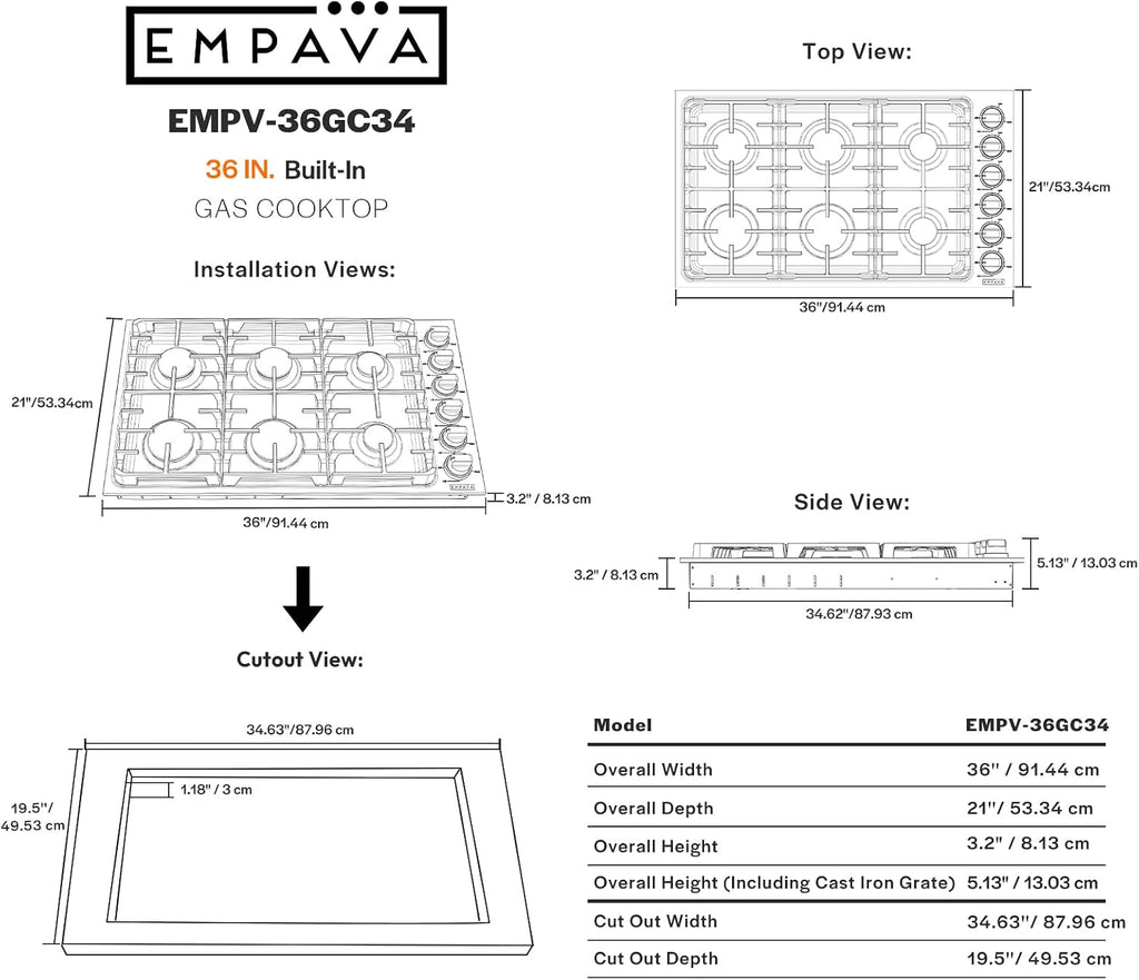 Empava 36 Inch Gas Cooktop,6 World-Class SABAF Burners Made in Italy,Stainless Steel Stove Top Bulit-in,Certified by CSA,for Homes, kitchens