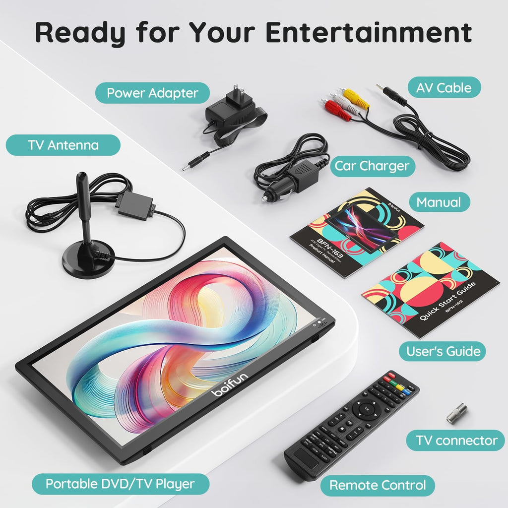 Boifun 15.6' Portable TV with Antenna, DVD Player Built-in, FM Radio, 5000mAh Battery, Support HDMI Input/USB/TF/AV Out and Multiple Disc Formats, Small TV DVD Combo for Camping Patio RV Kitchen,Black