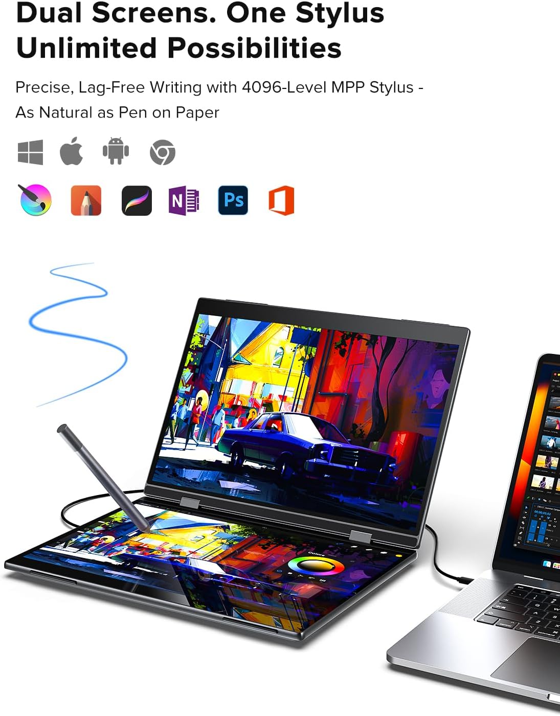 UPERFECT Delta Pro Touch Portable Monitor, 16' 2K Laptop Screen Extender, Touchscreen Dual Monitor with Stylus, First Pressure-Sensitive Touch Display, Stacked Folding Vertical Dual Screen with Stand