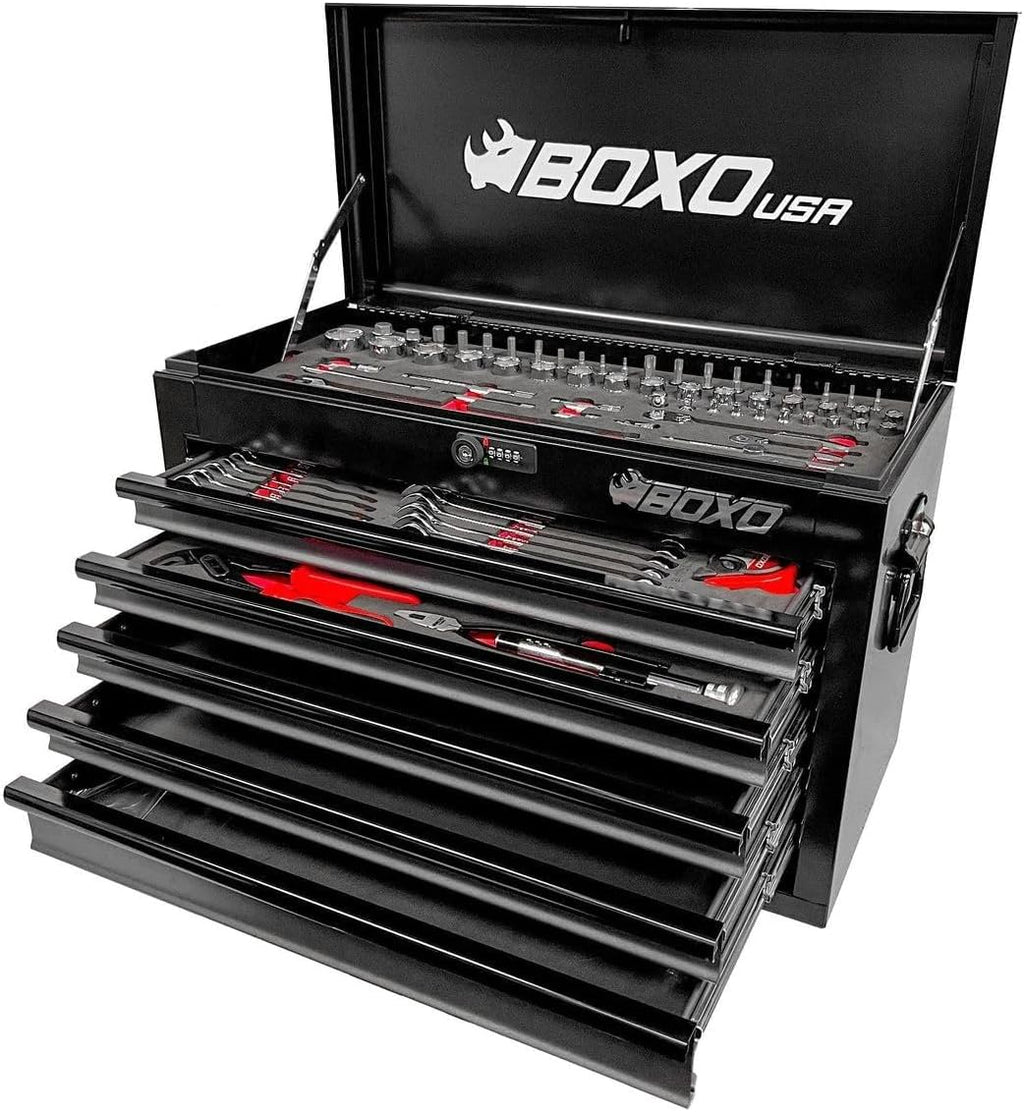 BOXO USA Heavy Duty 26' Toolbox 103 Piece MotoBox Locking Tool Set with 5 Drawers Carry Box (Black)
