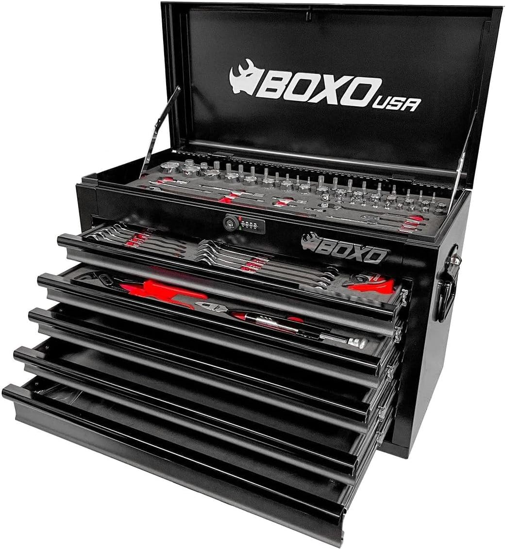 BOXO USA Heavy Duty 26' Toolbox 103 Piece MotoBox Locking Tool Set with 5 Drawers Carry Box (Black)