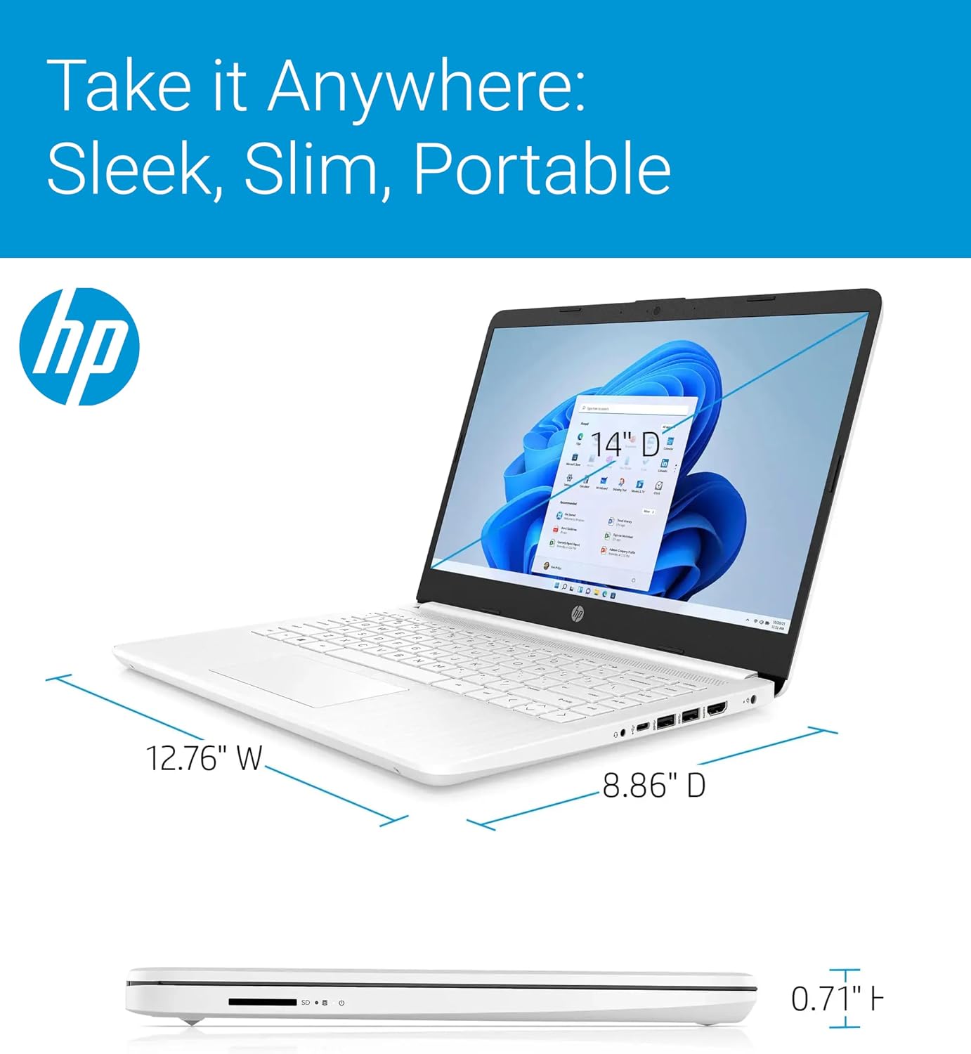 HP 14' Ultra Light Laptop for Student & Home (Intel Quad-Core N4120, 4GB RAM, 192GB(64GB + 128GB SD), 1-Year Office 365) 11-Hr Long Battery Life, Webcam, WiFi, Win 11 Home in S Mode - Snow White