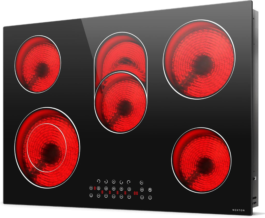 Noxton Electric Cooktop 30 Inch,8400W High Power 5 Burners Radiant Stove Top, Child Safety Lock, Timer, Pause, Hard Wire 240V, Drop-in Install