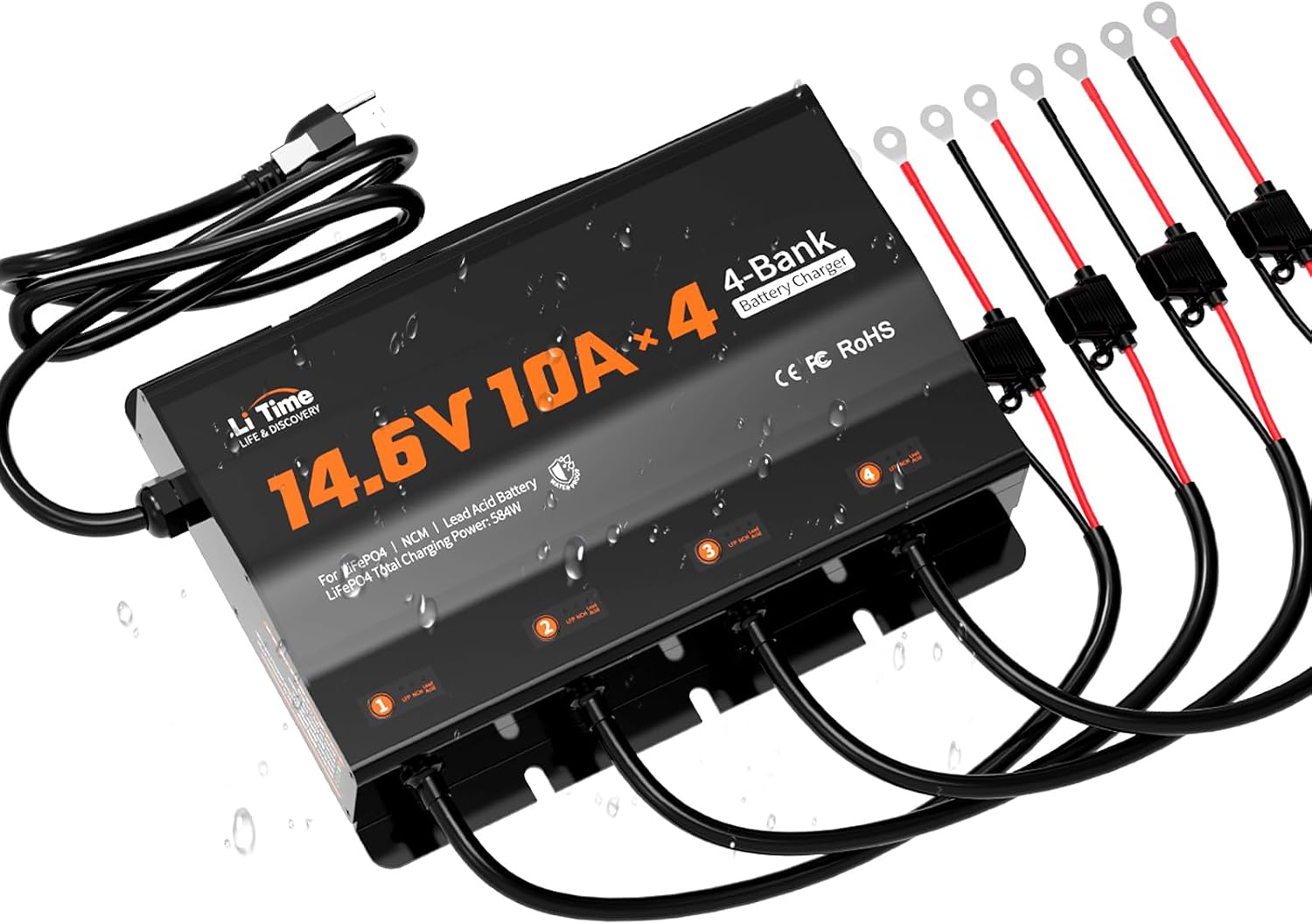 LiTime 4-Bank 10A (10A/Bank) Smart Battery Charger, 14.6V LiFePO4 Battery Charger AC-DC Charger with Fuse, LED Indicator for RV, Boat, Motorcycle, Lawn Mower, Trolling Motor and Lead Acid Battery