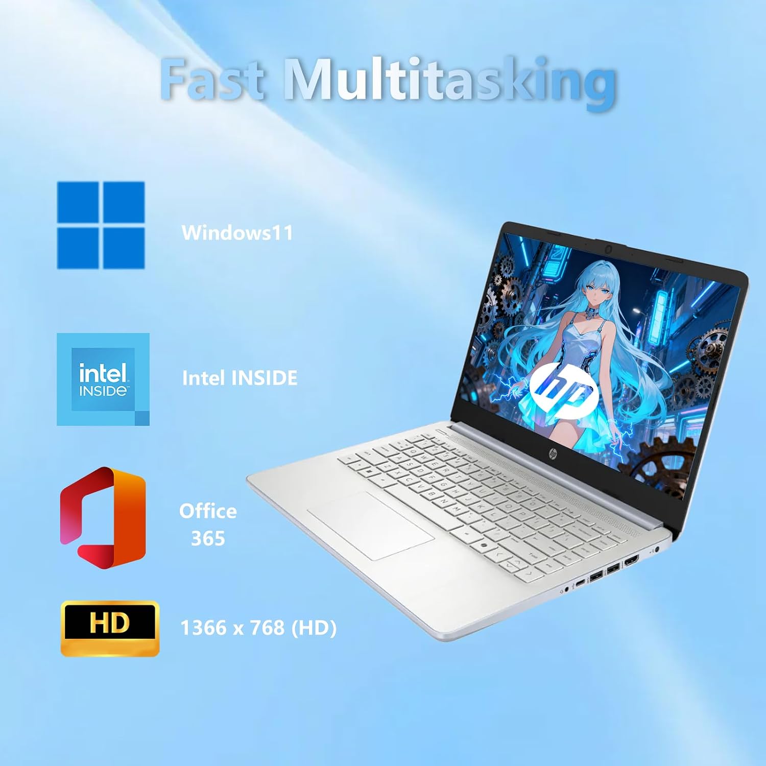 HP 14 Elite Laptop, 16GB RAM, 1.12TB Total Storage (128GB UFS+1TB Cloud), Sky Blue, Office 365, Intel 4-Core, Win11, Copilot AI, 11Hr Battery, Alpacatec Mouse