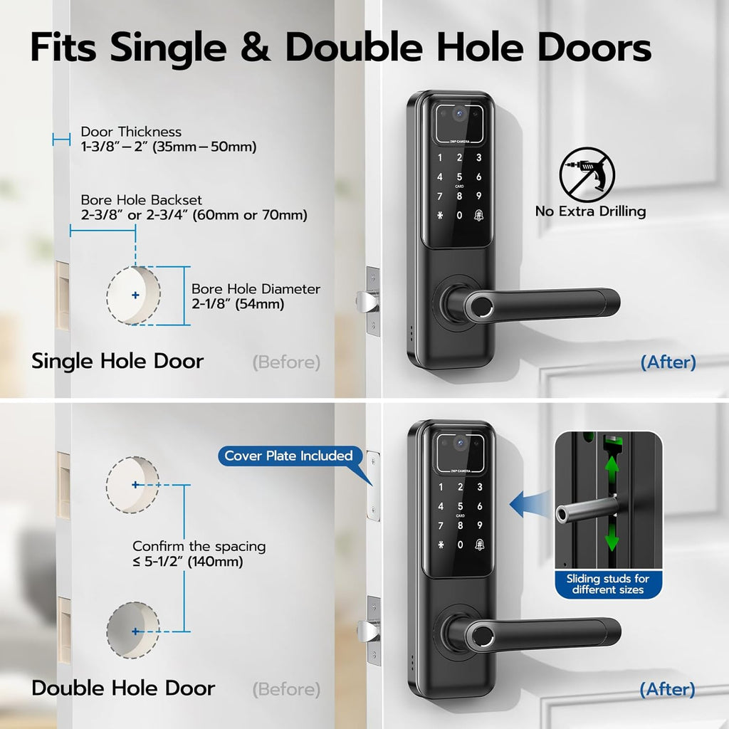 WiFi Video Smart Door Lock with Camera & Doorbell, Keyless Entry Fingerprint Lock with Handle for Front Door, Nyboer Keypad Electronic Digital with Rechargeable Lithium Battery, Easy Installation