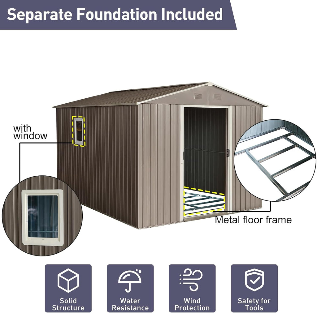 8 x 10 FT Outdoor Storage Shed, Metal Garden Shed with Floor Frame, Tool Sheds Outdoor Storage with Lockable Sliding Doors & Window & Air Vents, Storages House Waterproof for Backyard, Lawn, Gray