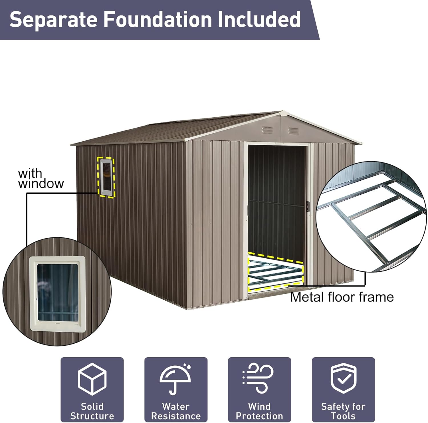 8 x 10 FT Outdoor Storage Shed, Metal Garden Shed with Floor Frame, Tool Sheds Outdoor Storage with Lockable Sliding Doors & Window & Air Vents, Storages House Waterproof for Backyard, Lawn, Gray