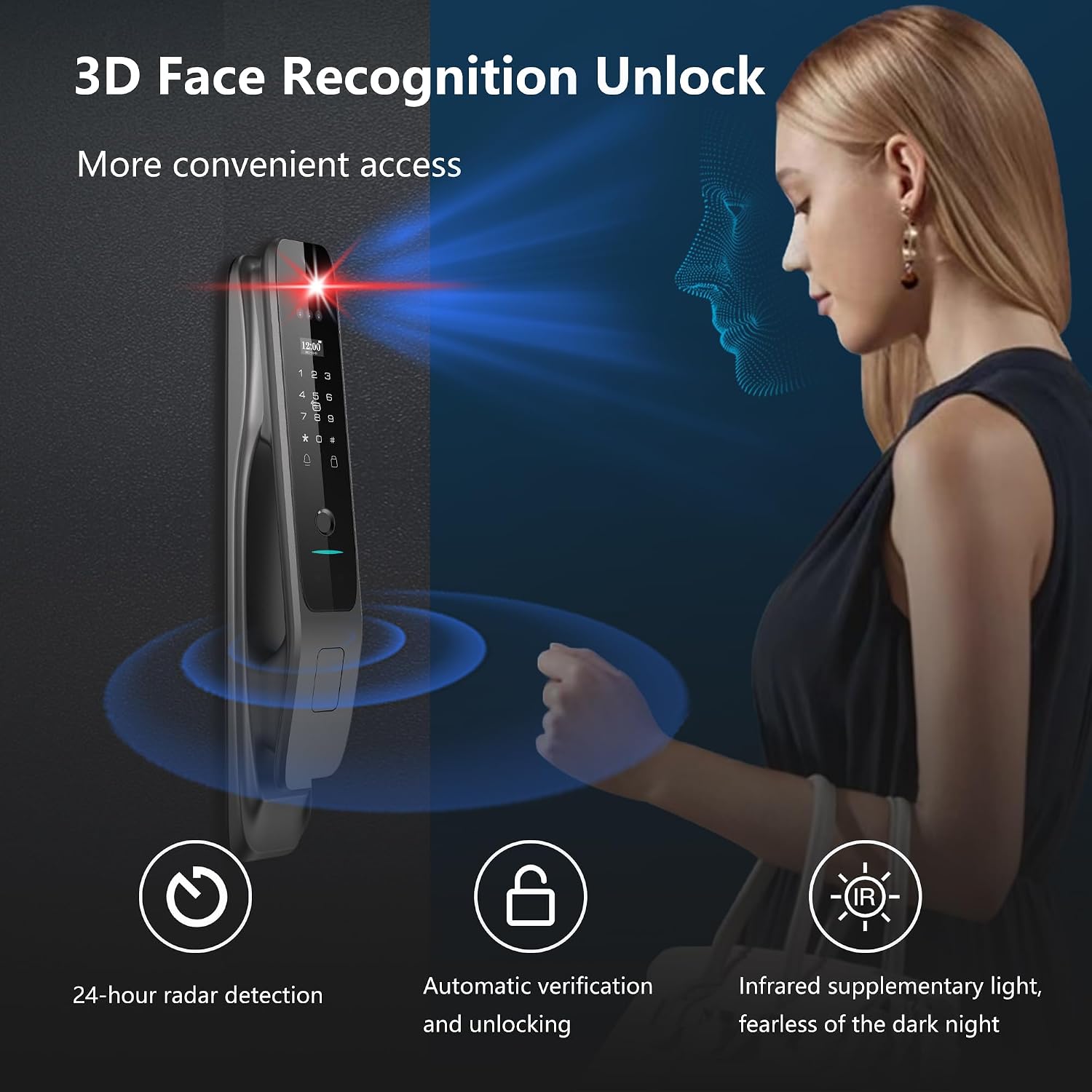 3D Face Recognition Smart Lock with Camera, Palm Vein Door Lock, Keyless Entry Fingerprint Smart Mortise Lock for Front Door, Built-in WiFi, 4' HD Screen,Glass Keypad, Auto-Lock, Waterproof