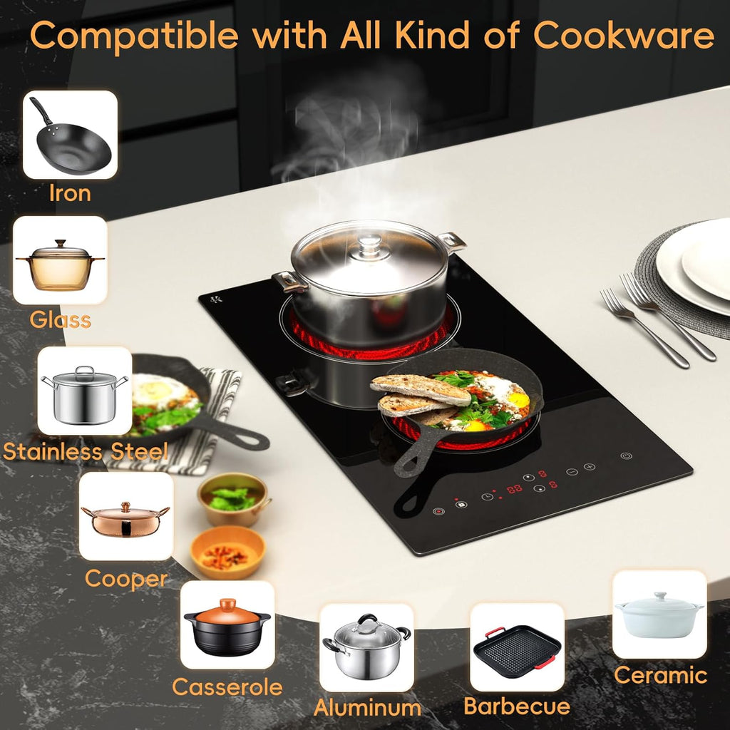 Electric Cooktop 2 Burner, 1800W Radiant Electric Stove Top 120V with Countertop & Built-in Design, 12 inch Touch Control Ceramic Cooktop with Safety Lock, 9 Level Power, Timer - Plug in
