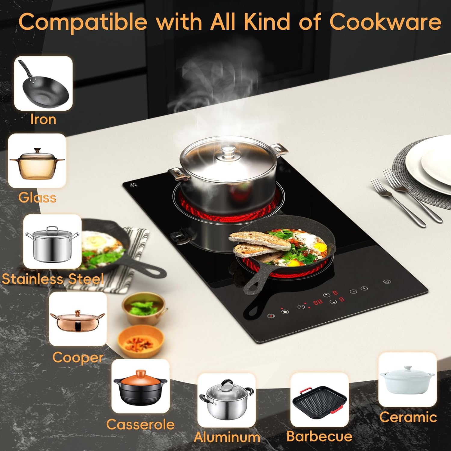 Electric Cooktop 2 Burner, 1800W Radiant Electric Stove Top 120V with Countertop & Built-in Design, 12 inch Touch Control Ceramic Cooktop with Safety Lock, 9 Level Power, Timer - Plug in