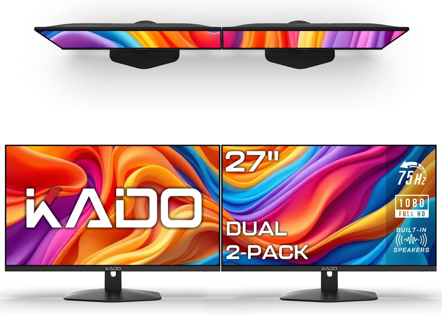 Kado Dual Monitor Setup - 2-Pack 27' 1920x1080 Computer Monitor 75Hz VESA Mount HDMI Office Gaming Hybrid Built-in Speakers (E27X Dual Series)