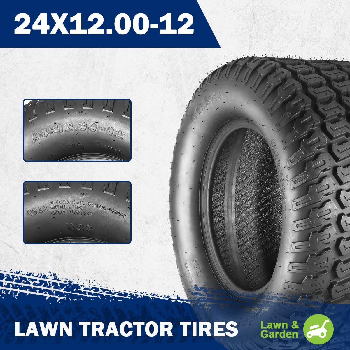MaxAuto 24x12.00-12 Turf Lawn Mower Golf Cart Tractor Tires 4Ply P332 Tubeless, Set of 2