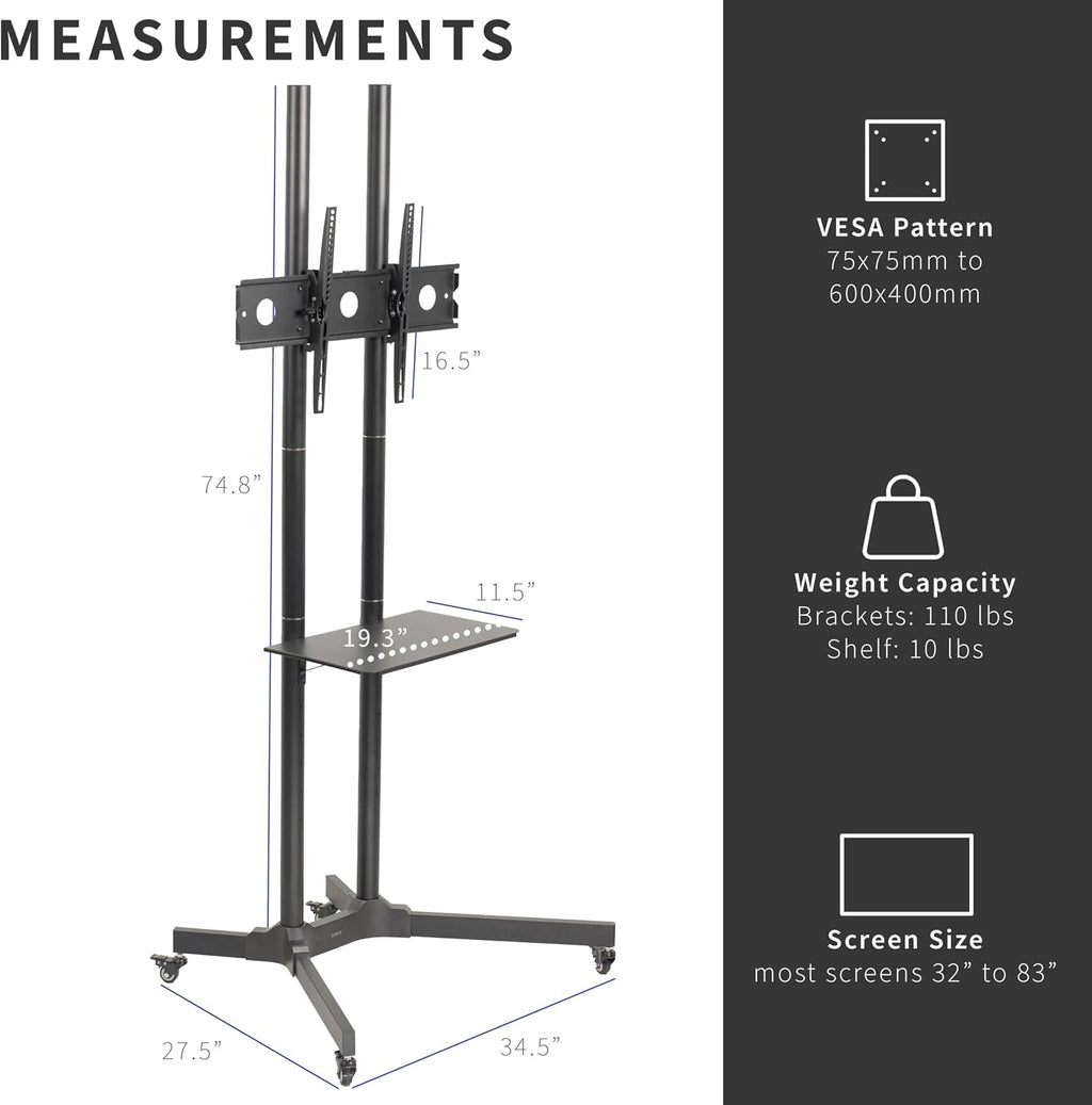 VIVO Tall TV Cart for 32 to 83 inch Screens up to 110 lbs, LCD LED OLED 4K Smart Flat and Curved Panels, Rolling Stand with Laptop DVD Shelf, Locking Wheels, Max VESA 600x400, Black, STAND-TV13E