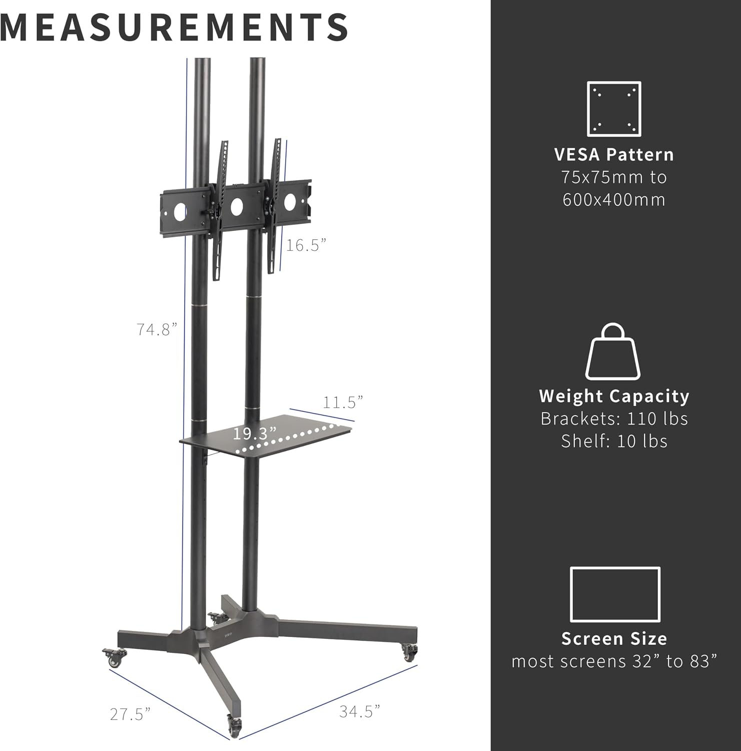 VIVO Tall TV Cart for 32 to 83 inch Screens up to 110 lbs, LCD LED OLED 4K Smart Flat and Curved Panels, Rolling Stand with Laptop DVD Shelf, Locking Wheels, Max VESA 600x400, Black, STAND-TV13E
