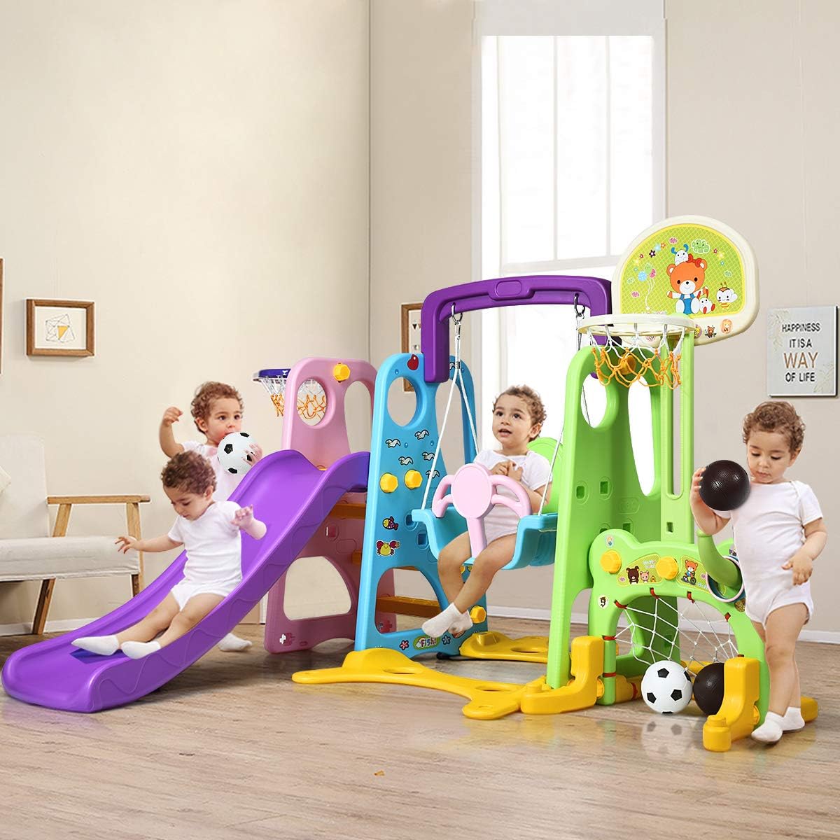 Costzon 6 in 1 Toddler Slide and Swing Set, Kids Large Climber Slide Playset with Basketball Hoop and Football Gate, Playground Swing Set for Indoor Outdoor Backyard 3-10 Gifts Presents
