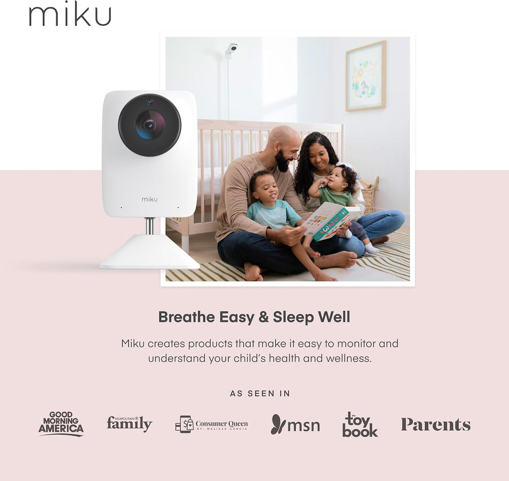 Miku Pro Smart Baby Monitor with Camera, Track Live Breathing with No Wearable, Real-Time Alerts, Sleep Analytics, 1080p Wi-Fi Video, Night Vision, and 2-Way Audio, Wall Mount Included