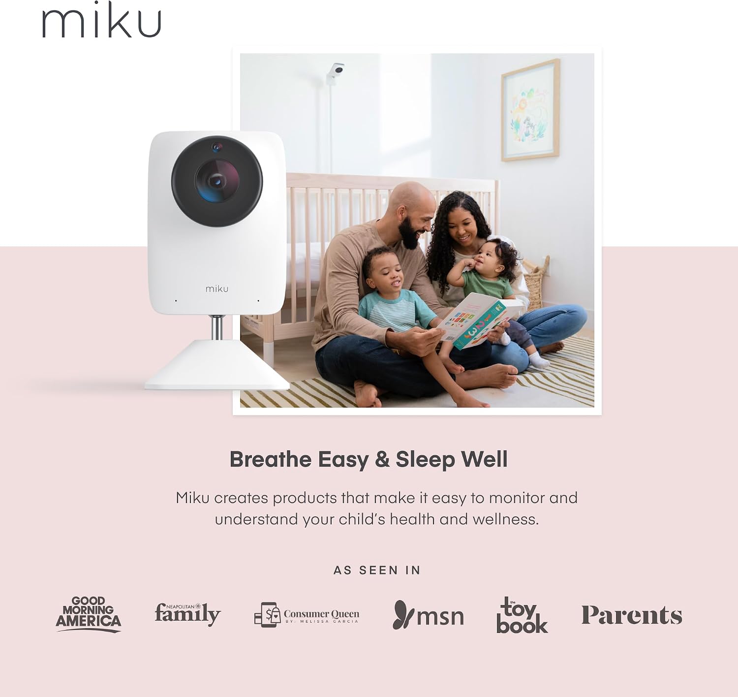 Miku Pro Smart Baby Monitor with Camera, Track Live Breathing with No Wearable, Real-Time Alerts, Sleep Analytics, 1080p Wi-Fi Video, Night Vision, and 2-Way Audio, Wall Mount Included