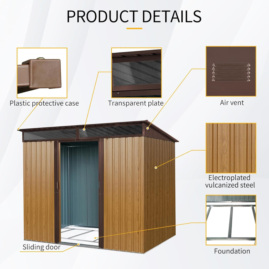 6x8 FT Outdoor Storage Shed, Metal Garden Shed with Frame Floor, Outside Tool Shed with Lockable Sliding Doors, Waterproof Storage Building with Sloped Roof & Air Vents for Backyard, Patio, Coffee