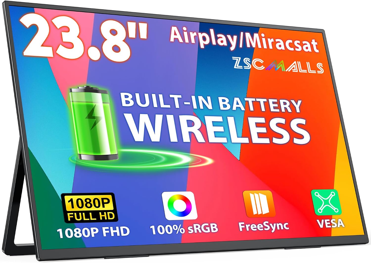 ZSCMALLS 23.8 Inch Wireless Portable Monitor with Built‑in Battery, 1080P FHD IPS Display, AirPlay & Miracast Screen Casting, No App Needed, USB‑C DP Alt Mode & HDMI, VESA