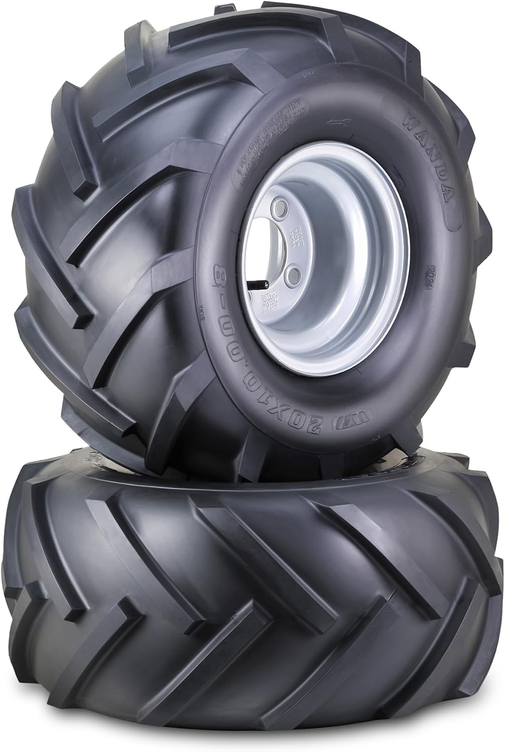 WANDA Lawn Mower Tractor Tire Wheel Assembly 20X10-8 4-Ply with 4 Lugs on 4' PCD Silver Wheel-13071,SET 2