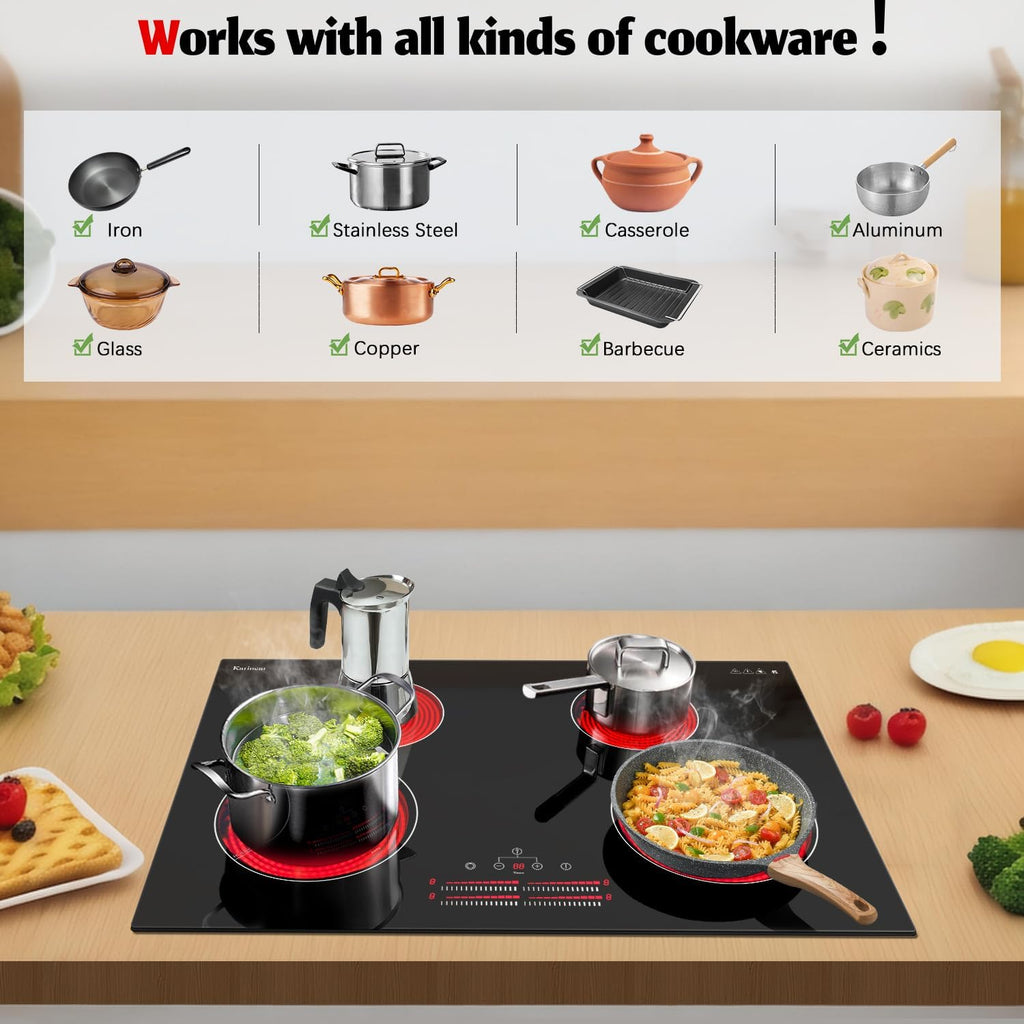 Karinear 4 Burner Electric Cooktop 30 Inch, 240V Radiation Stove Top 30 Inch Built-in Install, 7100W Electric Ceramic Cooktop with Slide Control, Timer, Child Safety Lock, Expandable Burner(No Plug)