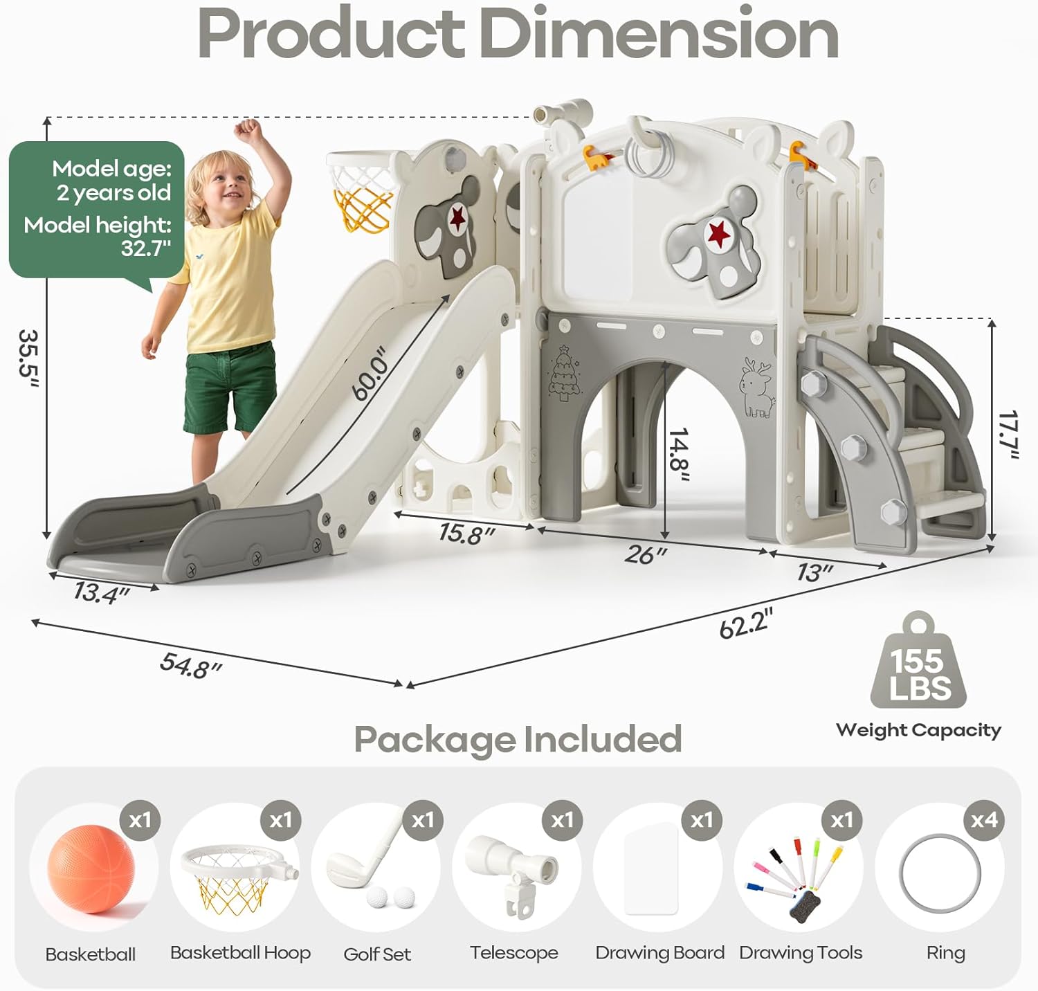 Mloong Toddler Slide for Kids - 10 in 1 Kids Slide for Toddlers Baby 1-3 Years Old, Indoor and Outdoor with Basketball Hoop Golf Drawing Set, Easy Assembly Elk Theme (Beige & Gray)(54×62×39in)