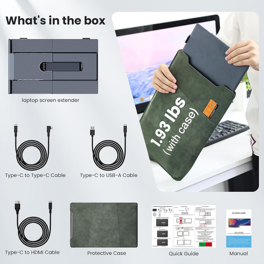 Laptop Screen Extender, 14' Ultra-Thin & Lightweight Portable Monitor, 1080P FHD IPS Second Screen, Plug and Play, Laptop Monitor Extender Compatible for Mac/Win Laptops 13-17 Inch