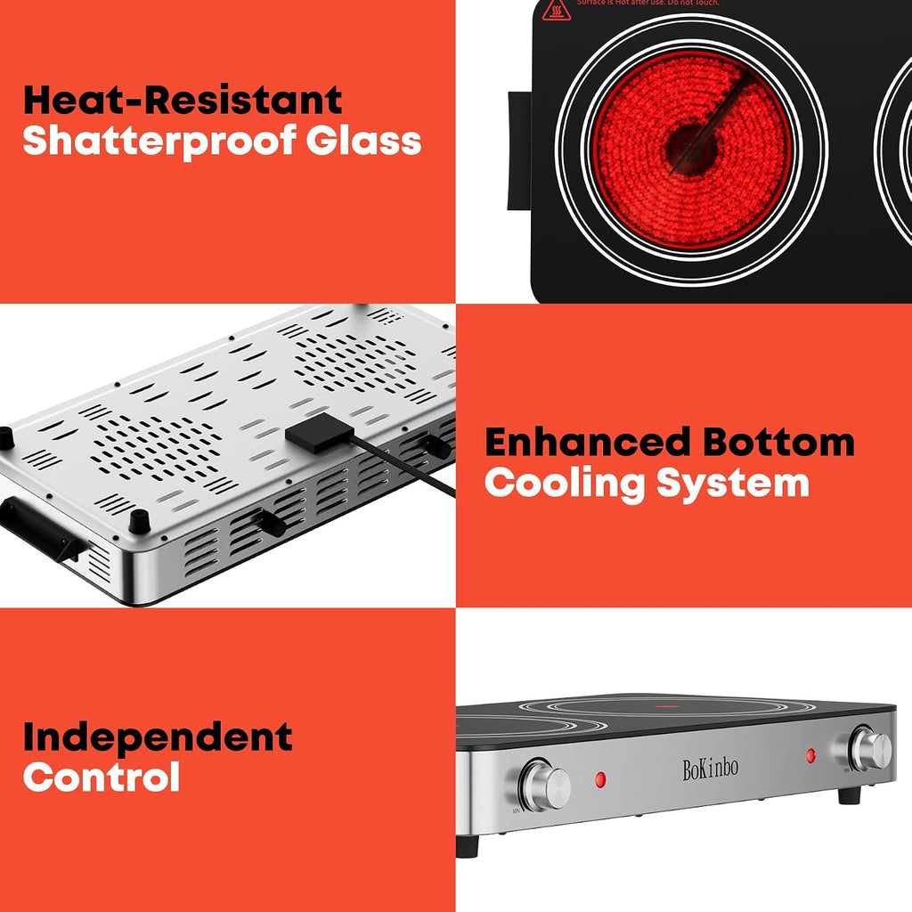 Electric Cooktop, Dual 2200 Watts Infrared Burner, 2 Burner Electric Hot Plate for Cooking, Knob Control Countertop & Built-in Ceramic Cooktop, Overheat Protection Burner for Dorm, Kitchen