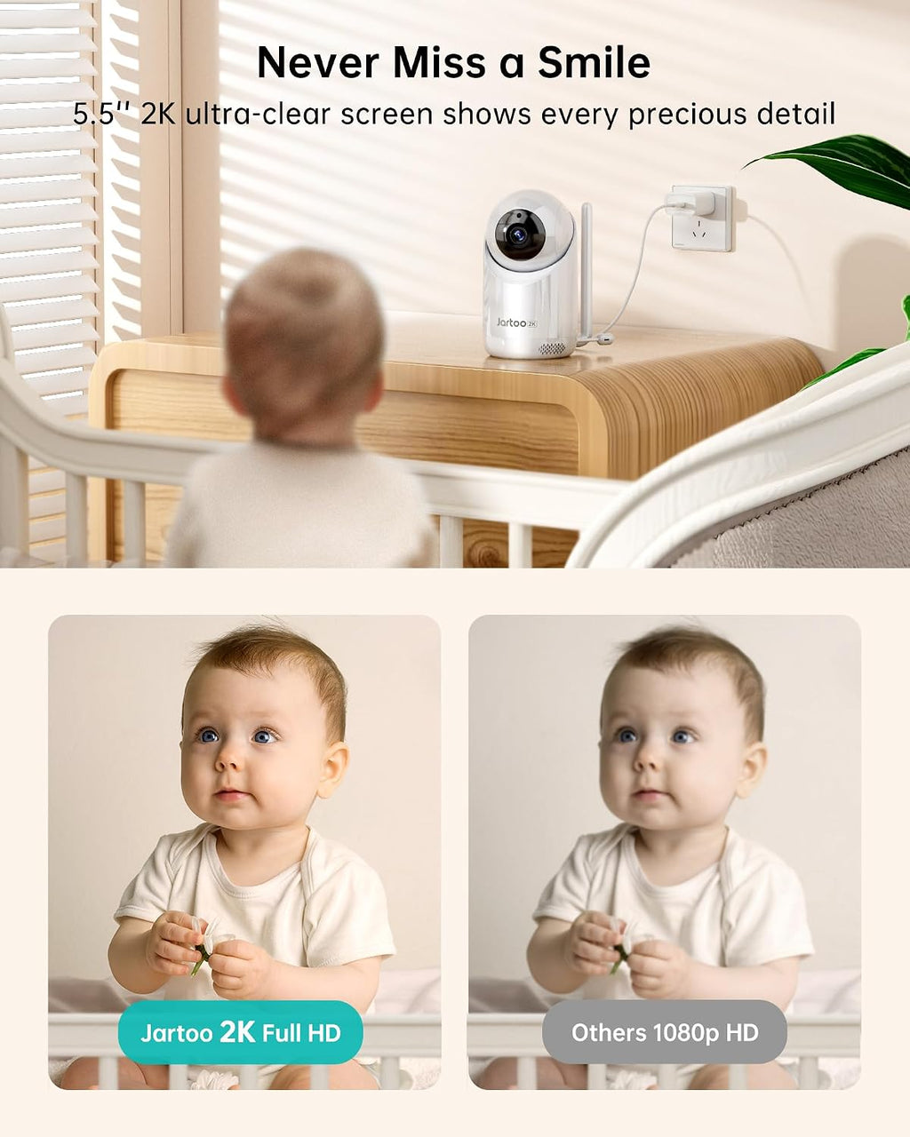 Jartoo 2K Video Baby Monitor with Camera and Audio, 1860ft Long Range Baby Monitor No WiFi 5.5' FHD Screen ANC Baby Camera Wireless, Feeding Clock, Night Vision, 2-Way Talk, AI Cry Detect, 6000mAh