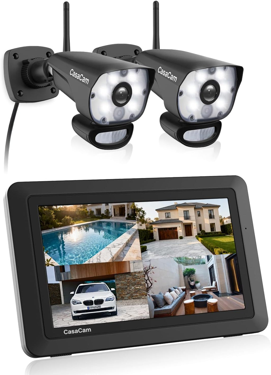 CasaCam GuardianCam Air | 7' Touchscreen Monitor with 2 Spotlight HD Cameras | Wireless Security Camera System, AC Powered, Two-Way Audio, Free APP, SD Card and Battery Installed, Model VS1002
