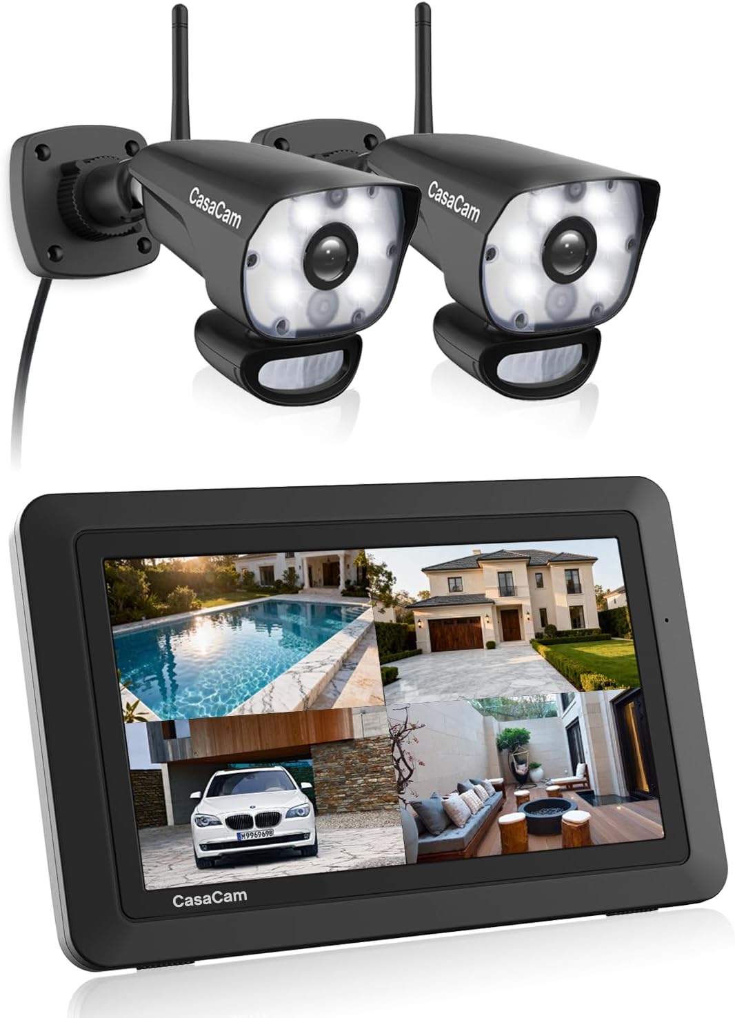 CasaCam GuardianCam Air | 7' Touchscreen Monitor with 2 Spotlight HD Cameras | Wireless Security Camera System, AC Powered, Two-Way Audio, Free APP, SD Card and Battery Installed, Model VS1002