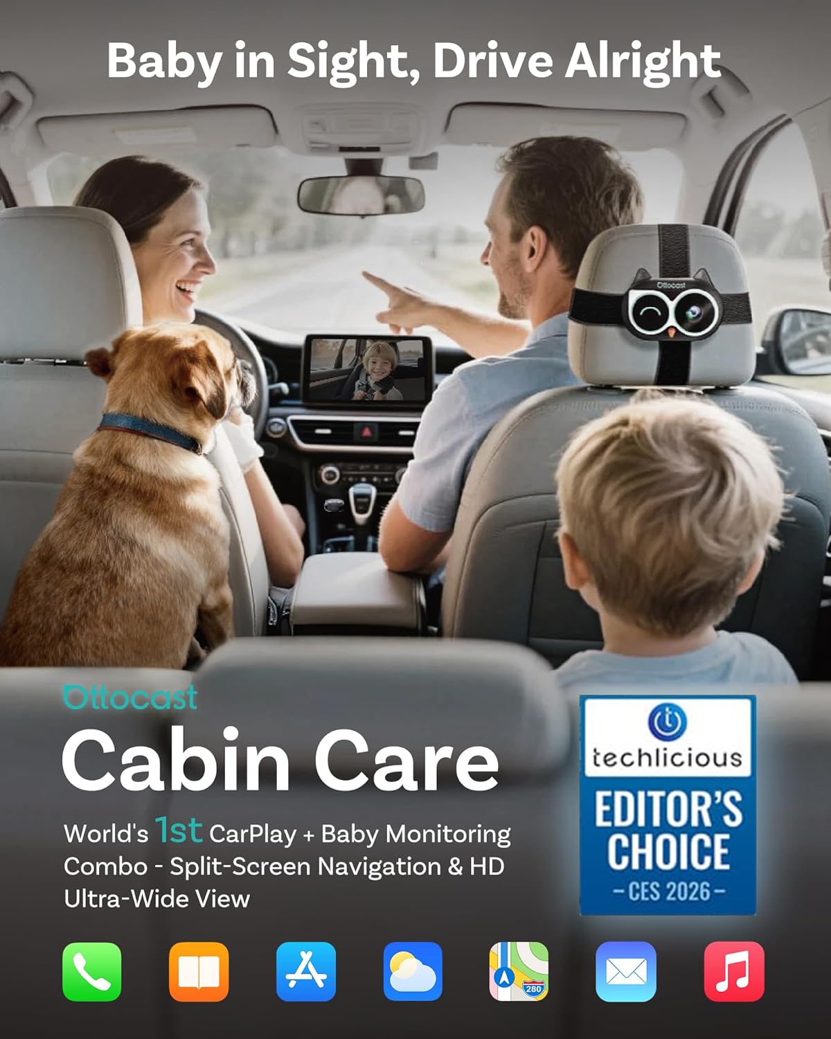 OTTOCAST Cabin Care Adapter 2026,2-in-1 Baby Car Camera & Wireless CarPlay Adapter-No Extra Screen Needed,1080P Car Baby Monitor for No-Glow Night Vision,150°Wide Angle,Plug&Play(No Android Support)