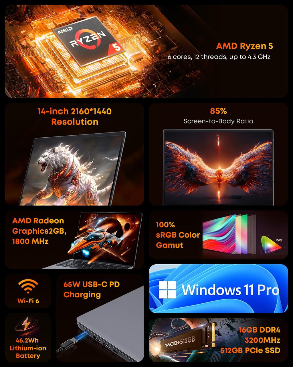 CHUWI Gaming Laptop, AMD Ryzen 5 (Beat i7-1355U), 16GB RAM 512GB SSD, Windows 11 Pro Laptop with Office, 14 Inch IPS 2160 * 1440 Display, Backlit Keyboard, WiFi 6, BT 5.2, HDMI
