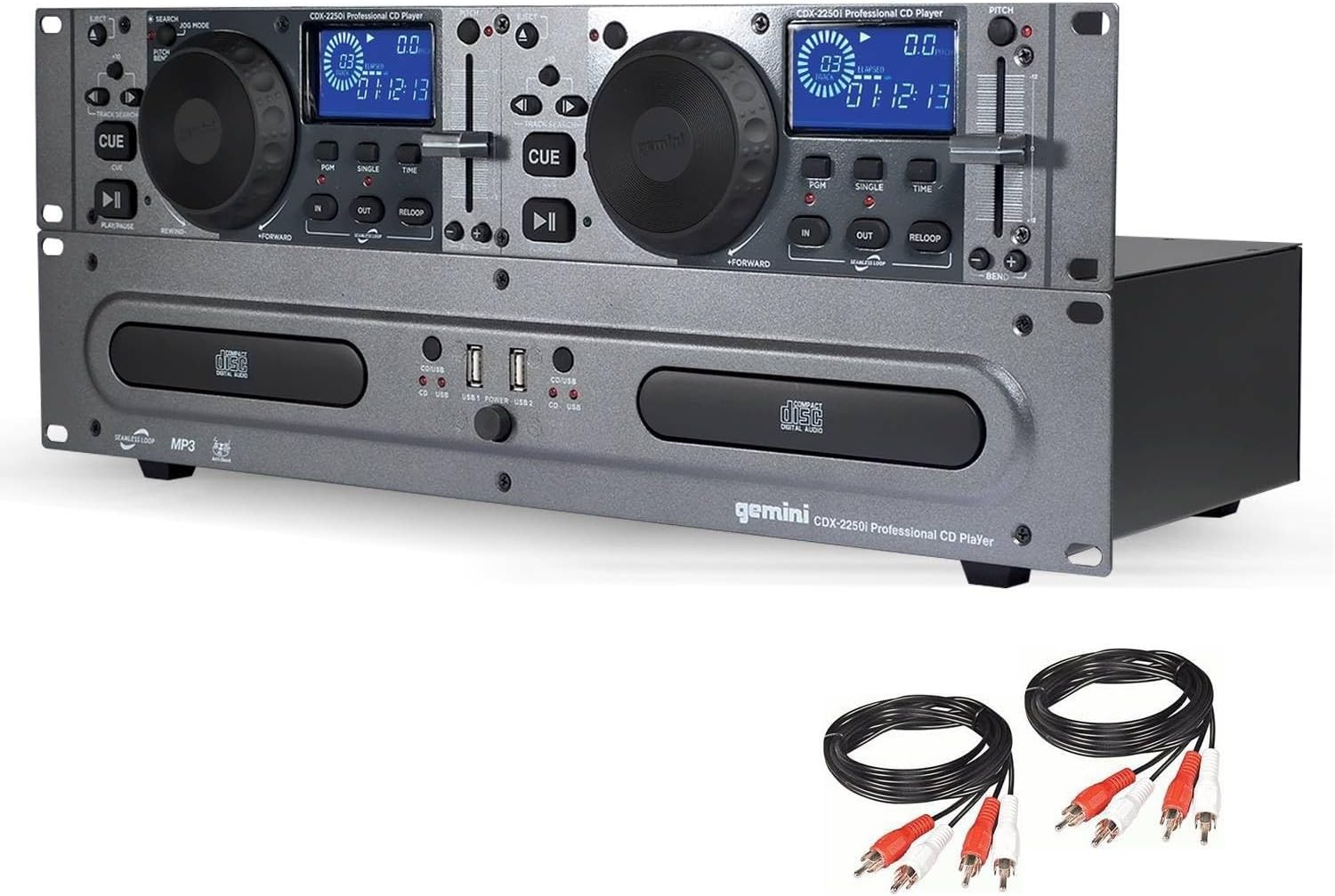 Gemini Dual CD/USB DJ Media Player – 2-Deck Rackmount CD Player with Jog Wheels, MP3 Playback & Anti-Shock – Pro Audio Component for DJs, Mobile Rigs & Installations (CDX-2250i)