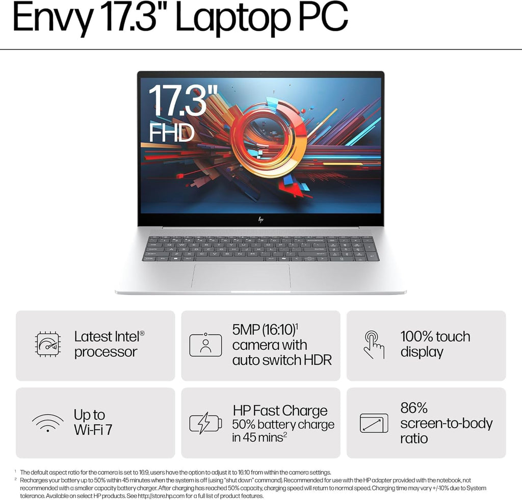 HP Envy 17.3' Touchscreen Laptop Computer - 64GB RAM | 1TB SSD, Intel Core Ultra 7 155H Processor(10Core), 16:10 FHD Display, Wi-Fi 7, Backlit KB, Numeric Keypad, Win 11 Pro for Business, Student