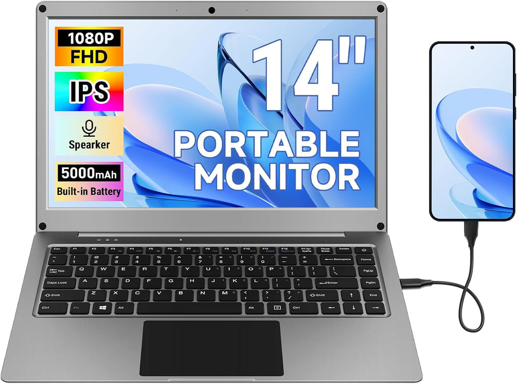 Portable Monitor with Keyboard,14inch 1080P FHD Lapdock Compatible with Raspberry Pi/Mini PC/Phone/PC/Game Console,CrowView Note Built-in Battery with RPi5 Adapter(Full TypeC & HDMI Cable Included)