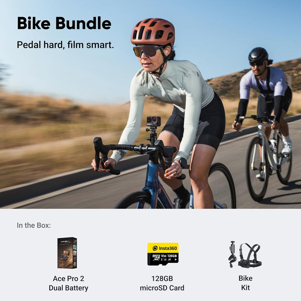 Insta360 Ace Pro 2 Bike Bundle Dual Battery - 8K Waterproof Action Camera Co-Engineered with Leica, 1/1.3' Sensor, Dual AI Chip, Leading Low Light, Superior Audio, Flip Screen & AI Editing for Vlogs